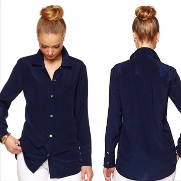 Lilly Pulitzer Isla Navy Silk Button Down Top XS - Picture 1 of 6